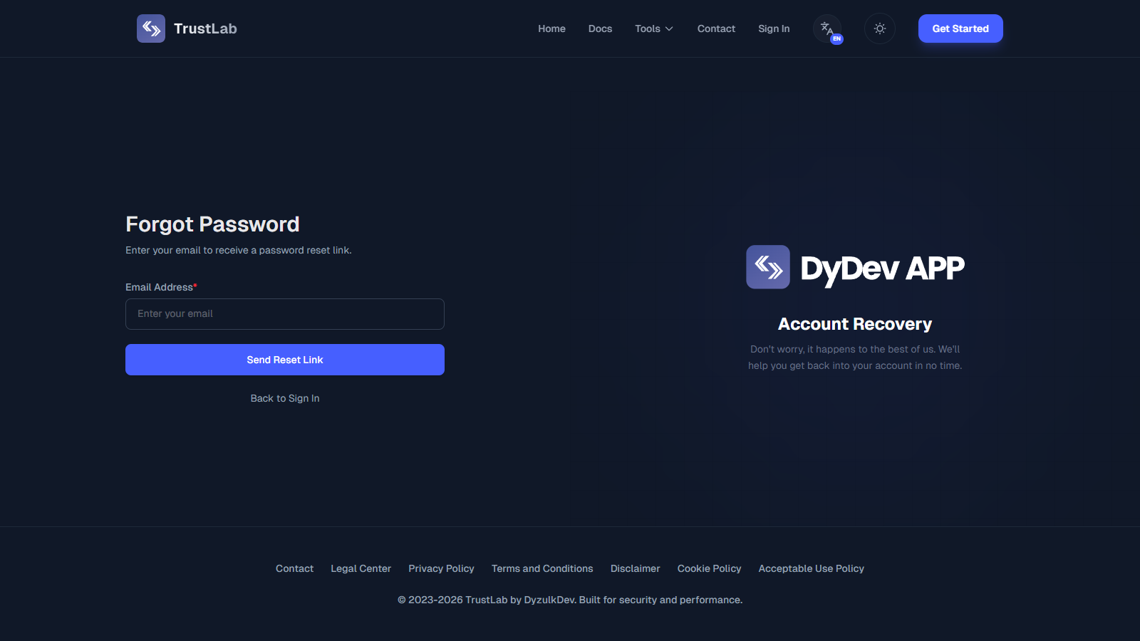 TrustLab Forgot Password Interface